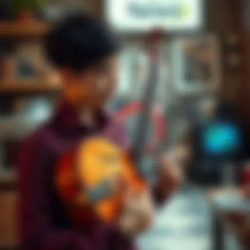 A person lovingly holding a vintage musical instrument, reflecting a deep connection, with modern items in the background