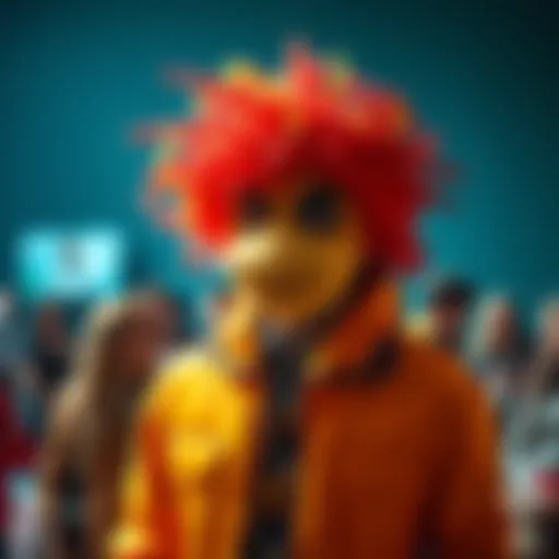 A person wearing a colorful and humorous costume, surrounded by curious onlookers discussing its identity.