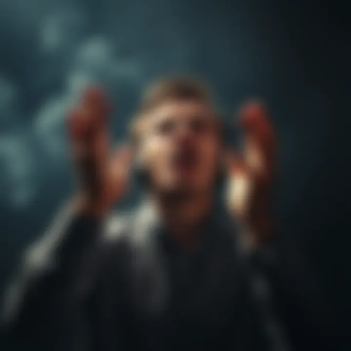 A person with an anguished expression, raising their hands in frustration, surrounded by dark shadows symbolizing anger and urgency.