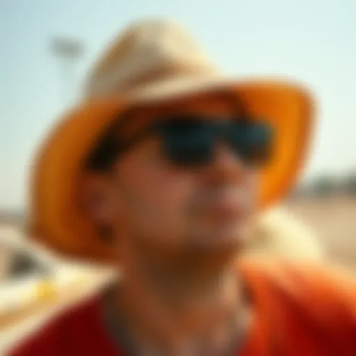 Person in a heatwave Individual shielding from the sun with a hat and sunglasses, looking fatigued due to high temperatures.