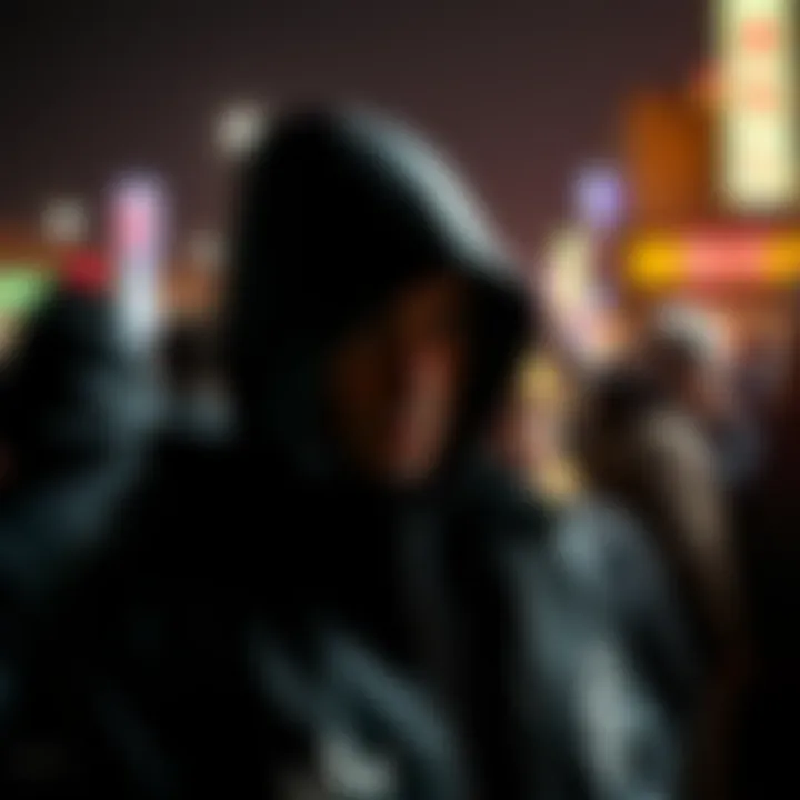 Person in a hooded jacket A person wearing a hooded jacket stands in a crowd, partially hidden, suggesting anonymity.