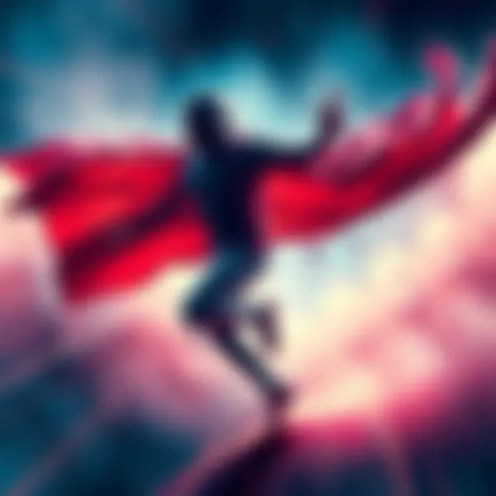 A figure in a powerful pose representing movement and energy, surrounded by dynamic lines and colors.