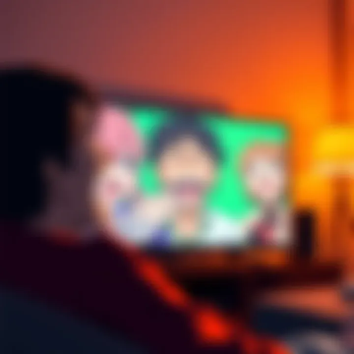 A viewer laughing while watching a poorly dubbed anime on their screen, showing expressions of disbelief and amusement.