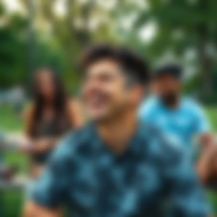 A person smiling and enjoying time in a park, seemingly unaffected by past drama, surrounded by friends and greenery.