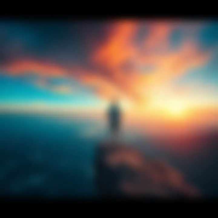 A person standing on a cliff, gazing toward a distant horizon with a mix of hope and contemplation, symbolizing the struggle between dreams and reality.