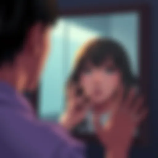 Person Looking at Reflection A person looking surprised while gazing into a mirror, with a thoughtful expression as they ponder their resemblance to Hazamada.