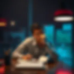 A person sitting at a desk with a notebook and pen, looking pensive as they consider personal growth and self-improvement.