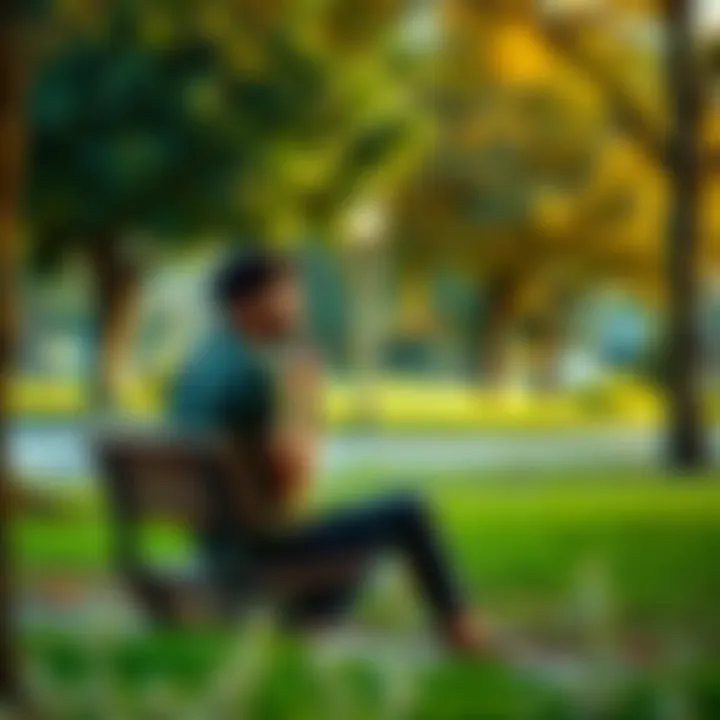 A person sitting on a park bench, gazing into the distance with a thoughtful expression, surrounded by trees and nature, symbolizing moments of confusion and self-reflection.
