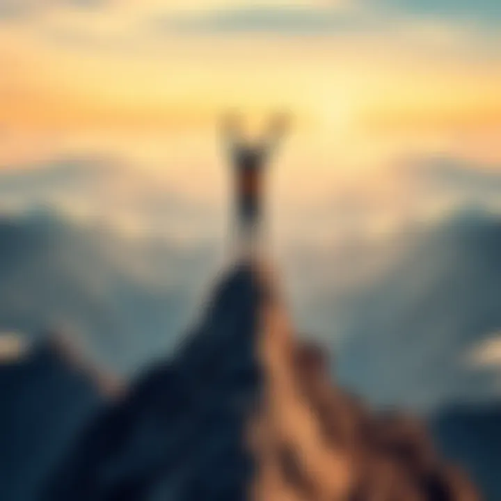 Person standing on a mountain peak A person stands triumphantly on a mountain peak, arms raised in celebration, symbolizing achievement and ambition.