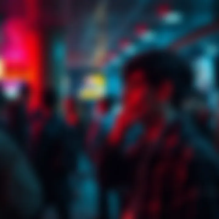 A person analyzing body language and appearance in a social setting, focusing on subtle signs that reflect personality traits.