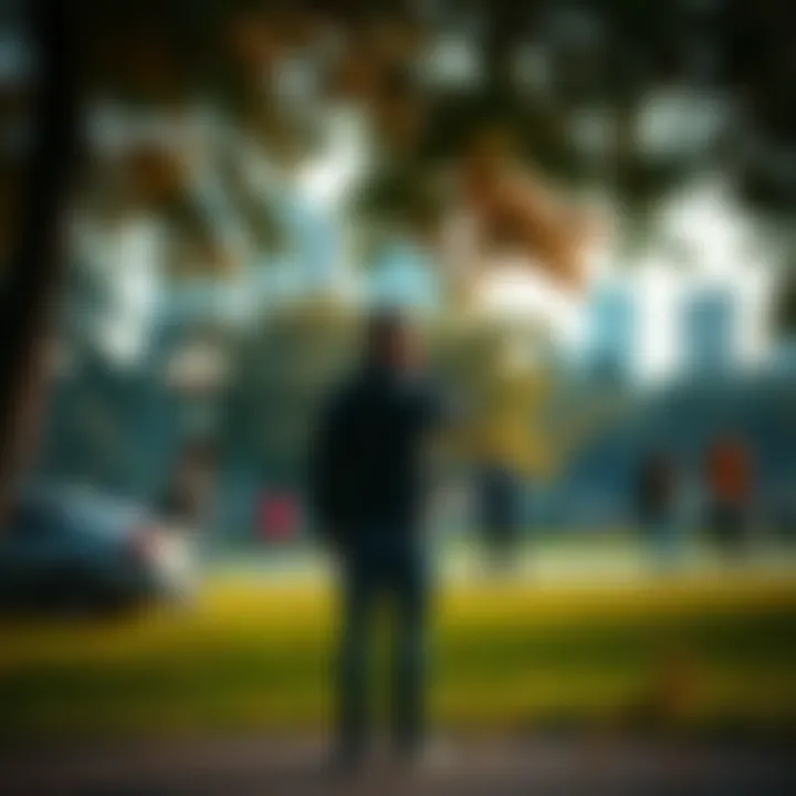 An individual standing in a park, taking notice of nature and people around them, symbolizing awareness and mindfulness in daily life.