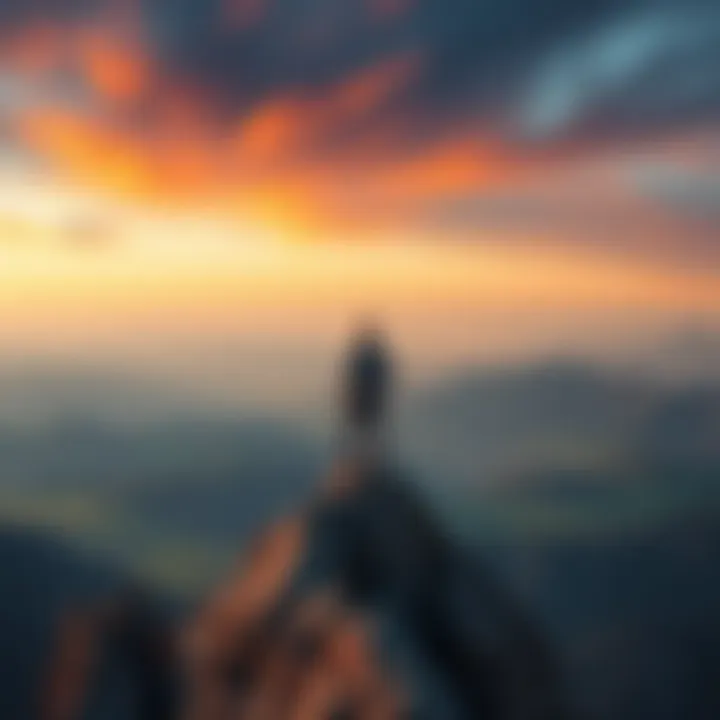 A person standing strong on a mountain peak, looking out over a vast landscape, symbolizing resilience and growth through pain.