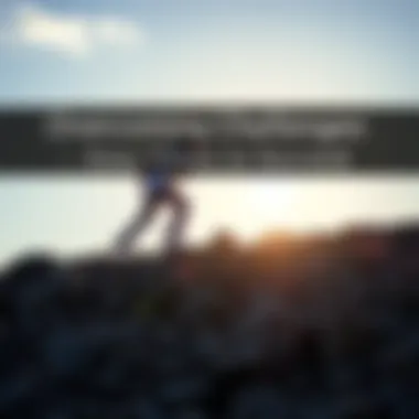 A determined person climbing a rocky hill, symbolizing the journey to overcome challenges, with a bright sky in the background.