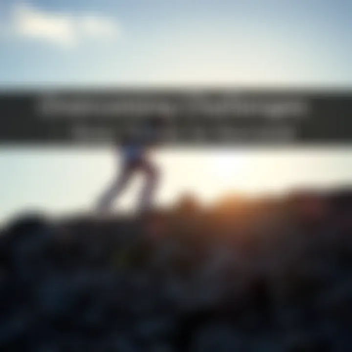A determined person climbing a rocky hill, symbolizing the journey to overcome challenges, with a bright sky in the background.