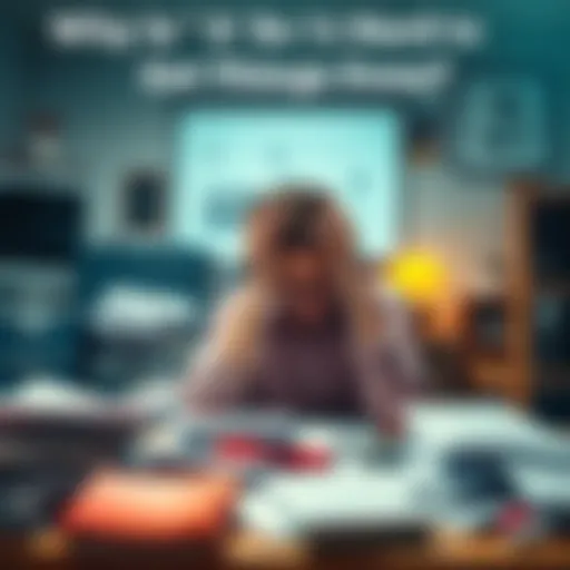 Person feeling overwhelmed with tasks A person sitting at a desk covered in papers, looking stressed while holding their head in their hands.