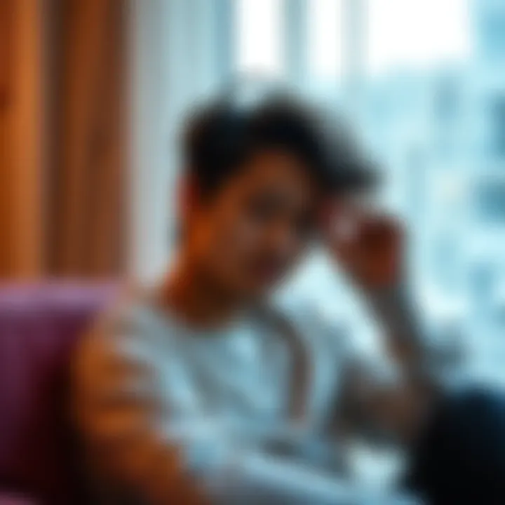 A young adult sits in a relaxed position, playing with their hair while lost in thought, reflecting on personal feelings and habits.