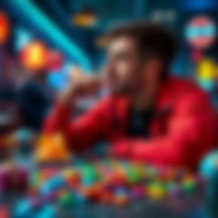 Person pondering over season points A person sitting at a table, looking thoughtfully at a collection of colorful items, representing season points and normal colors