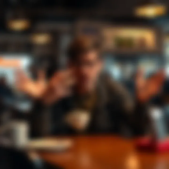 A person expressing frustrations while sitting at a table in a coffee shop, hands gesturing passionately, with a sad expression on their face.