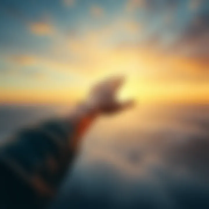 Person Reaching for a Bright Horizon A person stretching out their hand towards a bright light on the horizon, symbolizing opportunity and potential.