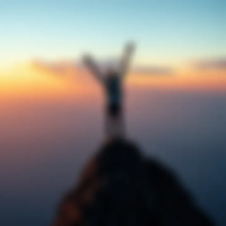 A person standing on a mountain peak with arms raised, symbolizing seizing opportunities and personal growth.