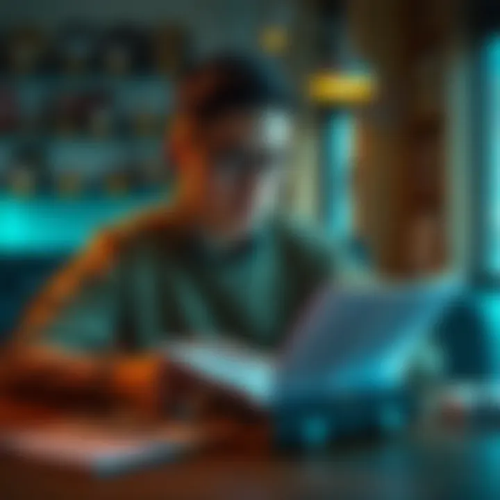 A person sitting at a table reading a book with a focused expression, surrounded by notes and a pen, symbolizing understanding and interpretation of text.