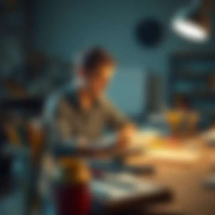 A person sitting at a desk, writing in a journal about their journey with Reze Cos, surrounded by art supplies and creative materials.