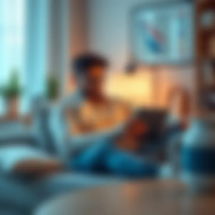 A person sitting comfortably with a tablet using Autofister to relieve stress, surrounded by calming decor.