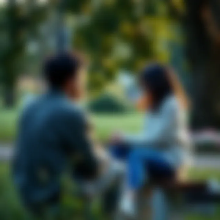 A person sitting on a bench, expressing emotions openly with a friend, surrounded by nature.