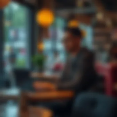 A person sitting in a cozy cafe, engaging with a laptop and sharing thoughts about community and personal expression with others around them.