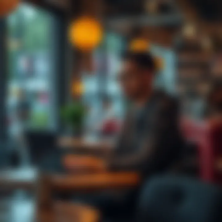 A person sitting in a cozy cafe, engaging with a laptop and sharing thoughts about community and personal expression with others around them.