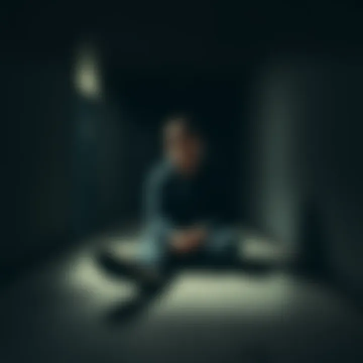 A person with a fearful expression sitting on the cold concrete floor of a dark basement, surrounded by dim light and shadows, symbolizing feelings of isolation and fear.