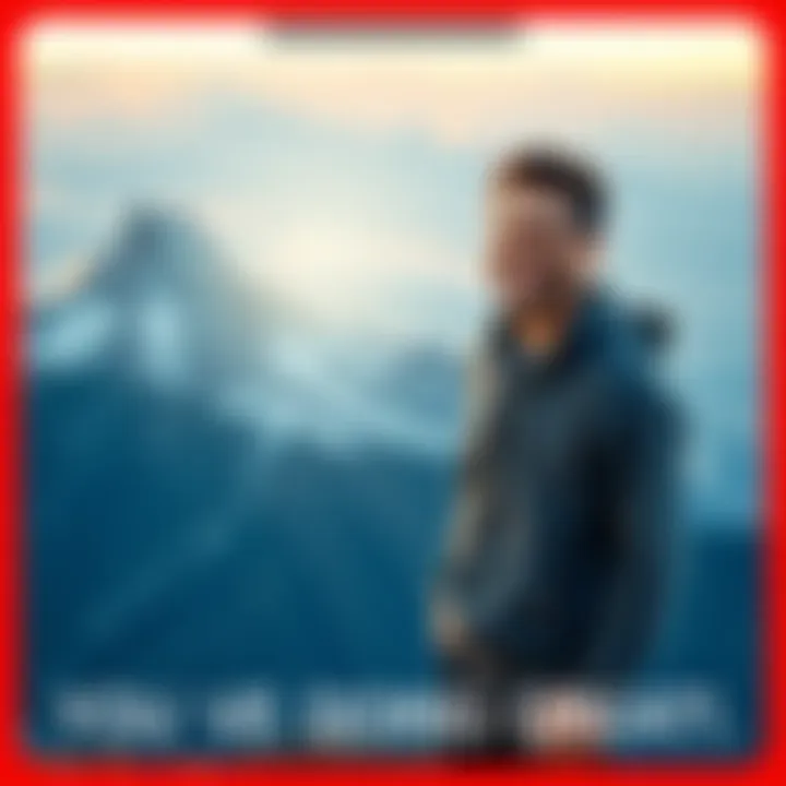 A person stands confidently on a mountain summit with a bright smile, symbolizing achievement and perseverance during tough times.