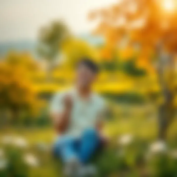 Person Smiling in Nature A person smiling while sitting on a grassy hill surrounded by trees and flowers, symbolizing positivity and well-being.
