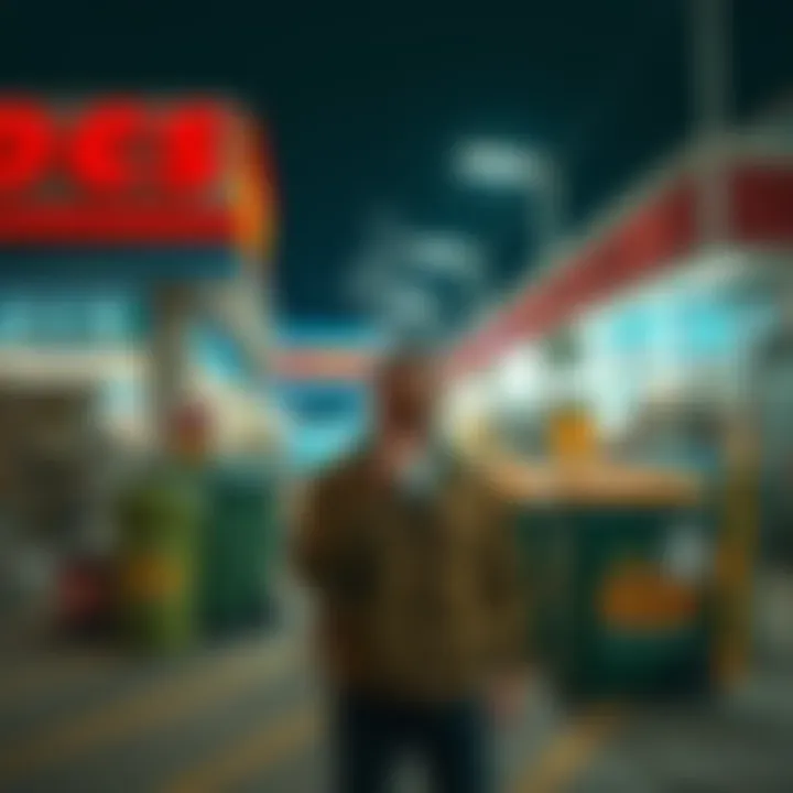 Person smoking behind supermarket A person taking a smoke break behind a supermarket, surrounded by trash bins and outdoor equipment.