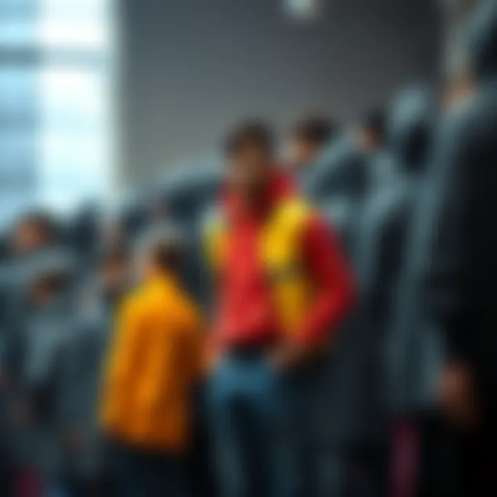 A person with colorful clothing stands confidently among a group of people dressed in gray, symbolizing individuality against conformity.
