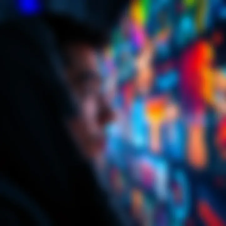 Individual gazing intently at vibrant visuals on a screen, showing deep focus and contemplation