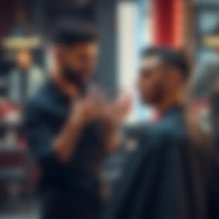 Person talking to barber A person discussing their desired haircut with a barber, using hand gestures to explain the style