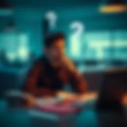 A person thinking with a question mark above their head A person sitting at a table with a confused expression, thinking deeply with a question mark above their head, surrounded by scattered papers and a laptop.