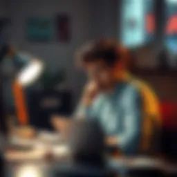 A person sitting at a desk with a thoughtful expression, surrounded by notes and a laptop, looking for new perspectives.