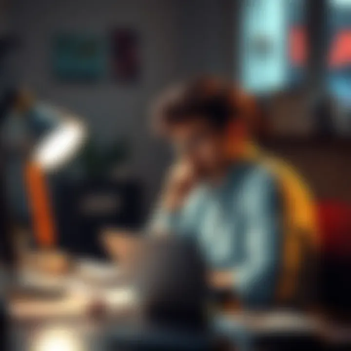 A person sitting at a desk with a thoughtful expression, surrounded by notes and a laptop, looking for new perspectives.