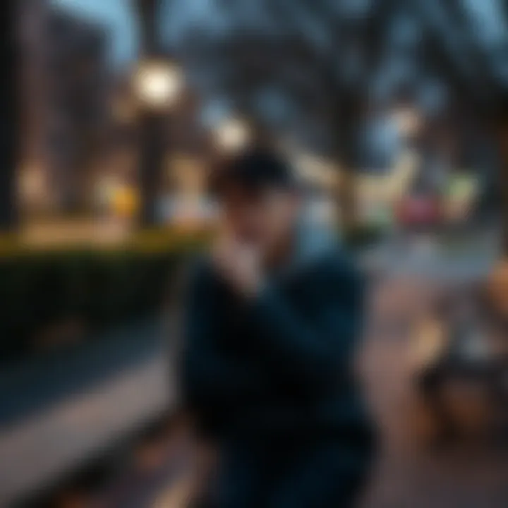 A person sitting on a park bench with a worried expression, reflecting on their feelings of scarcity and lack in life.