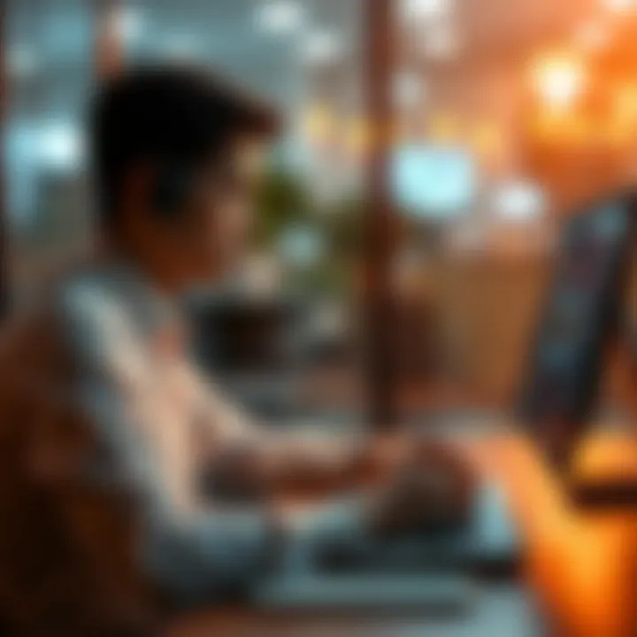 A person sitting at a desk typing quickly in a chat application, focused on responding to questions.
