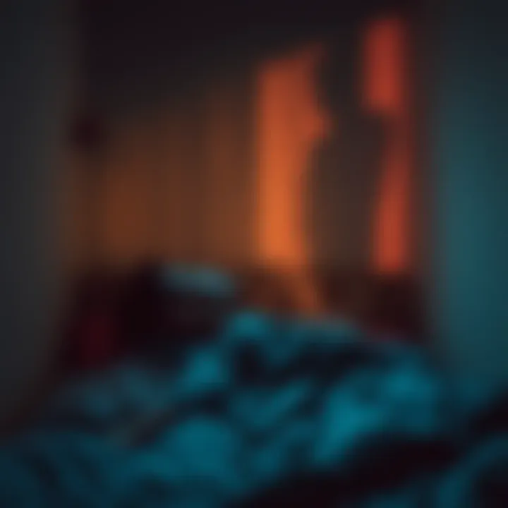 A person sitting up in bed, looking frightened after having a bad dream, with shadows on the wall to represent fear