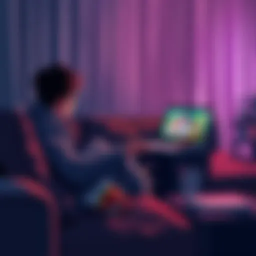 A person sitting on a couch, focused on a laptop screen displaying colorful anime characters, with snacks around them.