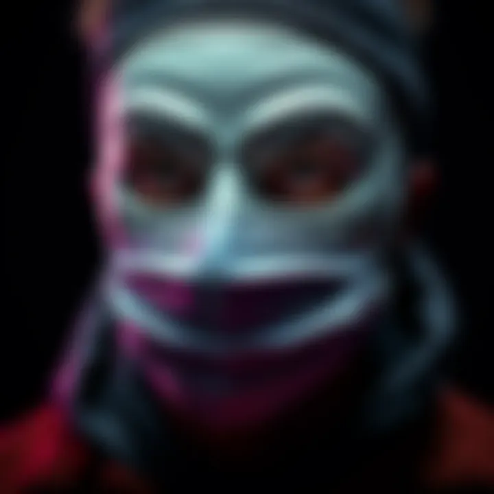 A close-up of a person wearing a mask, looking thoughtful as they ponder identity and accountability.