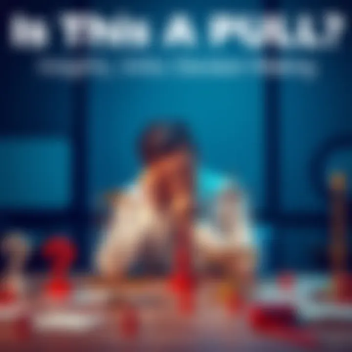 A person thoughtfully considering different options on a table, surrounded by decision-making items like scales and question marks.