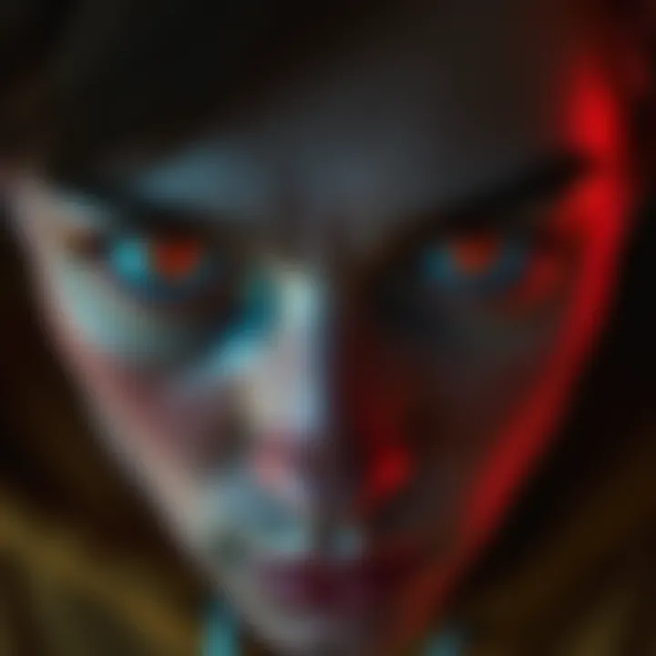 Close-up of a person with striking orange eyes looking directly at the camera