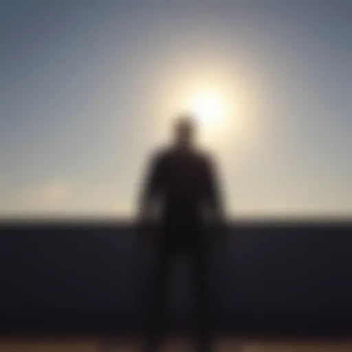 A person standing in sunlight with a shadow that appears more defined and striking than the person themselves, highlighting the trend of shadows gaining attention.