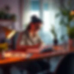 A person sitting at a desk, writing motivational affirmations in a notebook with a bright smile, surrounded by plants and uplifting decor