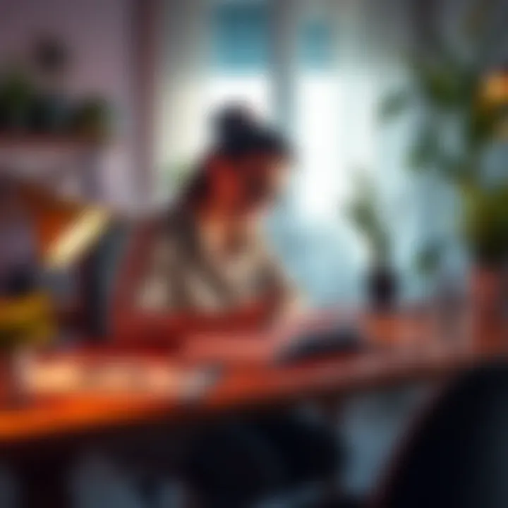 A person sitting at a desk, writing motivational affirmations in a notebook with a bright smile, surrounded by plants and uplifting decor